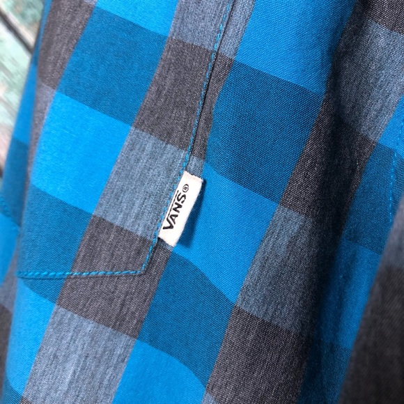 C3 - Vans Mens Teal Grey Plaid Short Sleeve Button Down - L - Picture 3 of 7